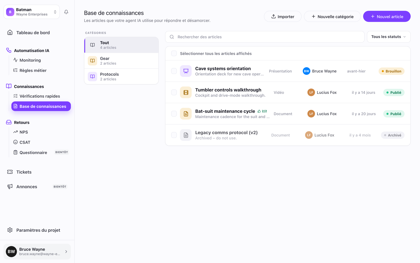La base de connaissances Weloop : les articles que l'agent IA utilise pour répondre, avec import de documents par IA