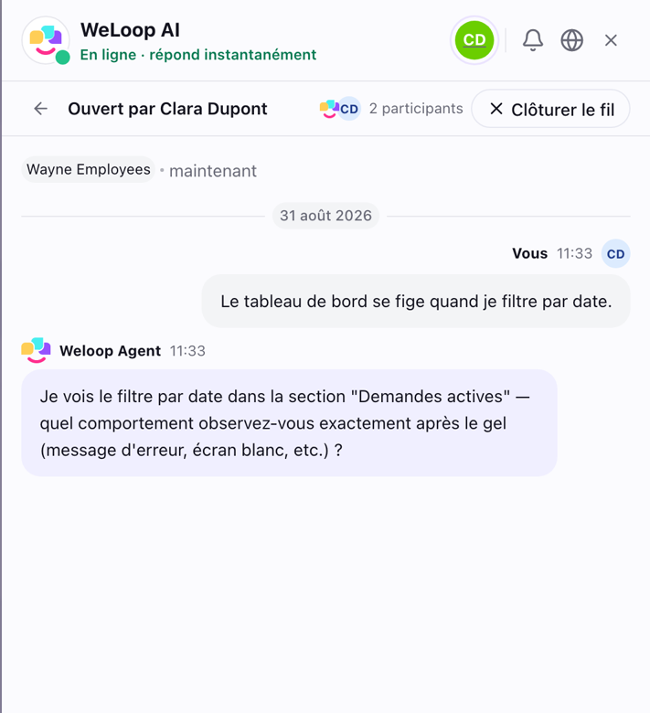 Le widget Weloop : une collaboratrice signale un problème et l'agent IA répond instantanément en français
